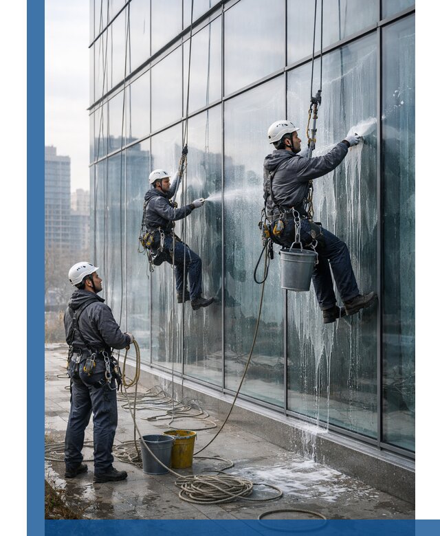 Промышленная мойка панорамных окон на высоте в Баксане