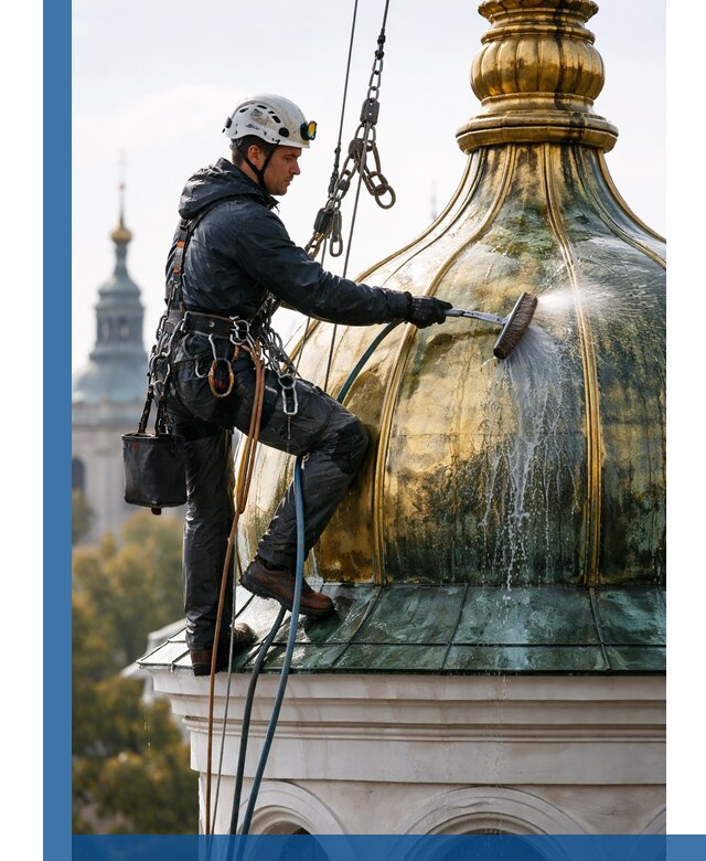 Профессиональная мойка куполов и шпилей высотными альпинистами в Баксане