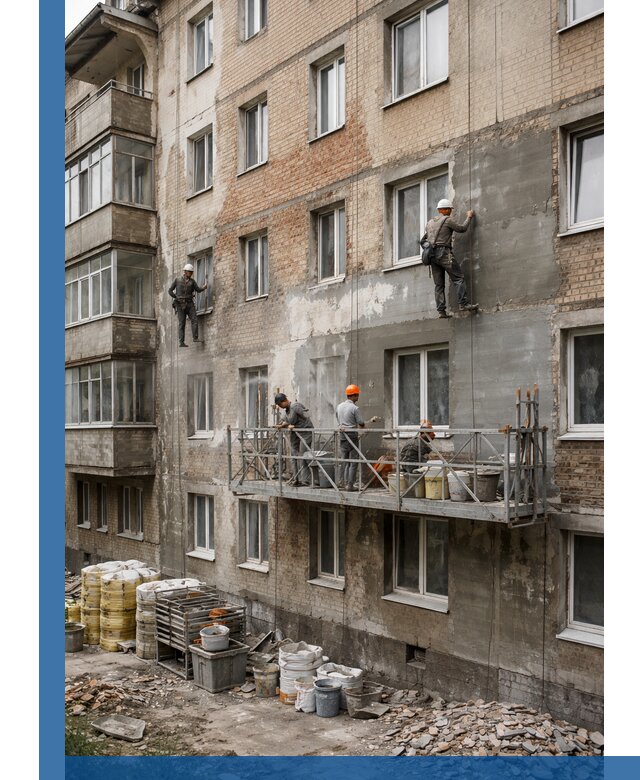 Капитальный ремонт фасада в Баксане с восстановлением и гидроизоляцией