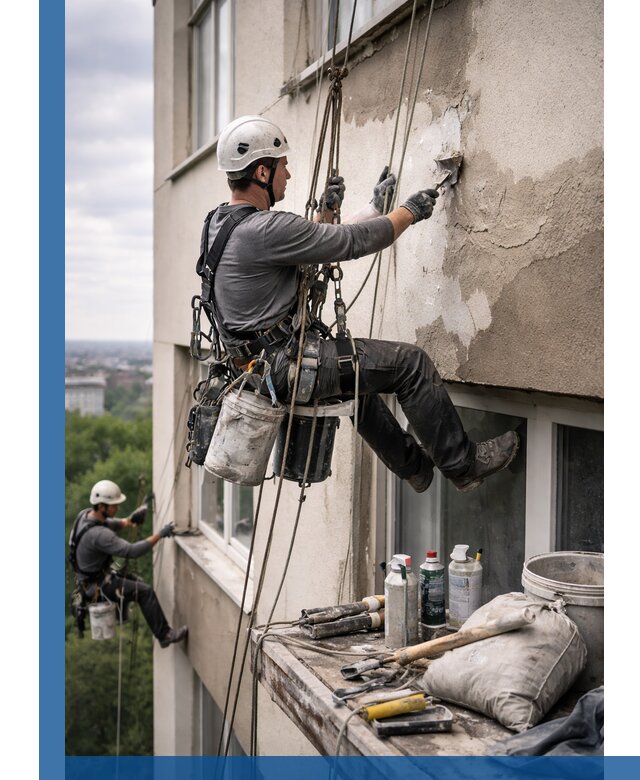Косметический ремонт фасада зданий в Баксане промышленными альпинистами