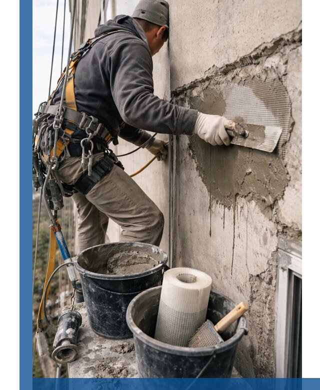 Ремонт бетонных элементов фасада промышленными альпинистами в Баксане