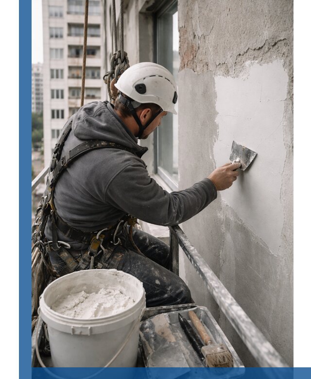 Шпаклевка фасадов на высоте с промальпинистами в Баксане