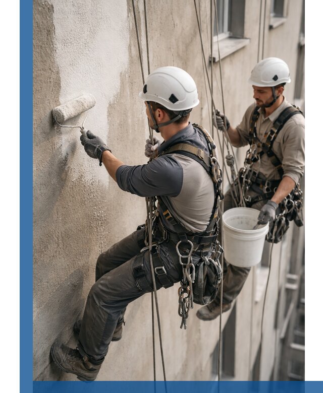 Грунтовка фасада на высоте в Баксане промышленными альпинистами