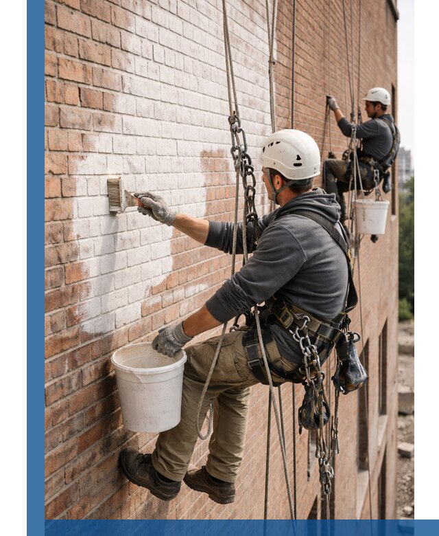Покраска кирпичного фасада с доступным альпинистским сервисом в Баксане