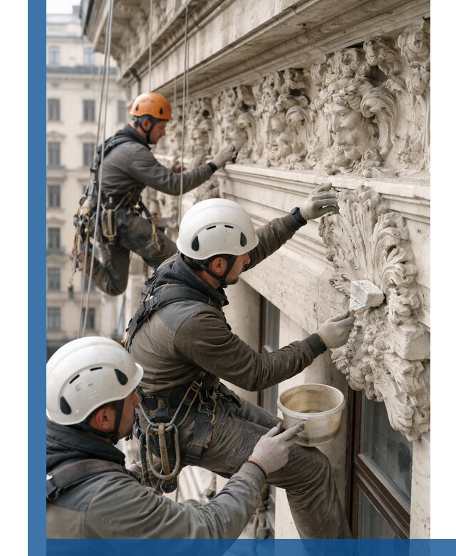 Реставрация фасадной лепнины с высотными работами в Баксане