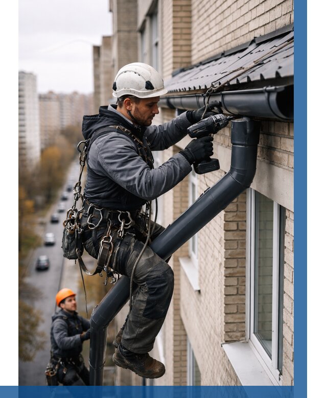 Монтаж водосточной системы на здании в Баксане от 5051 р. | ВЫСОТНИК-Бкс