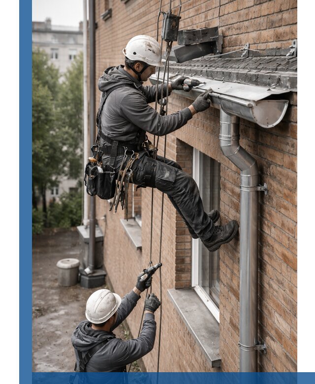 Монтаж водосточной системы на здании в Баксане под ключ