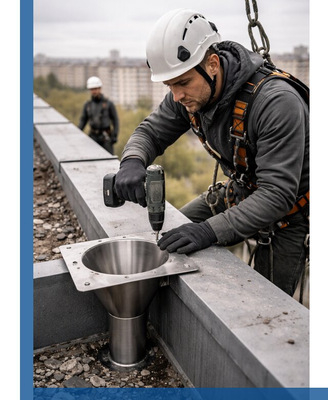 Монтаж водосточных воронок в Баксане для промышленных зданий