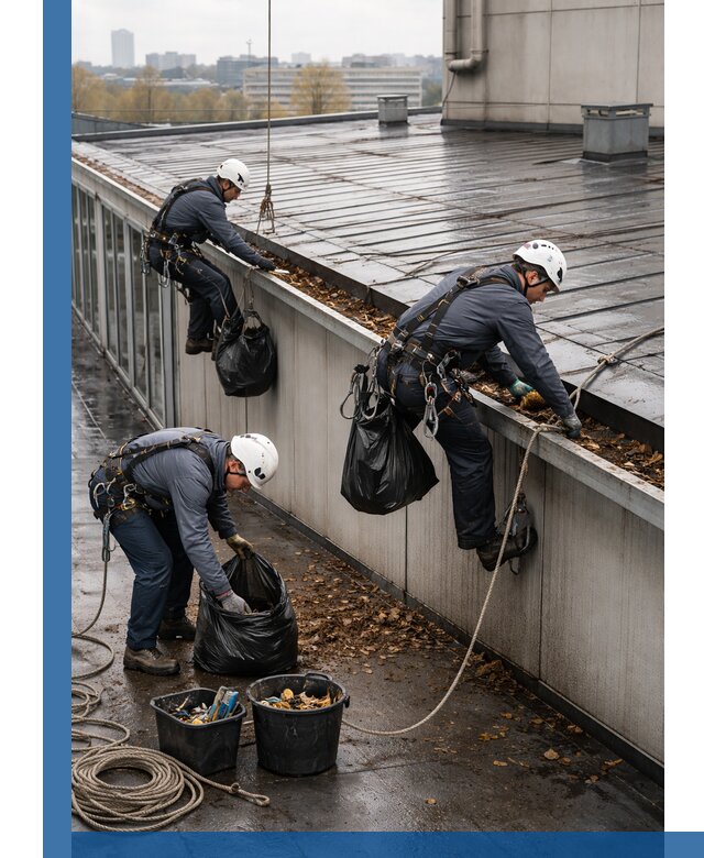Очистка кровли по периметру в Баксане силами промышленных альпинистов