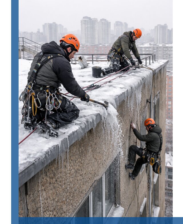 Удаление наледи с кровли в Баксане промышленными альпинистами