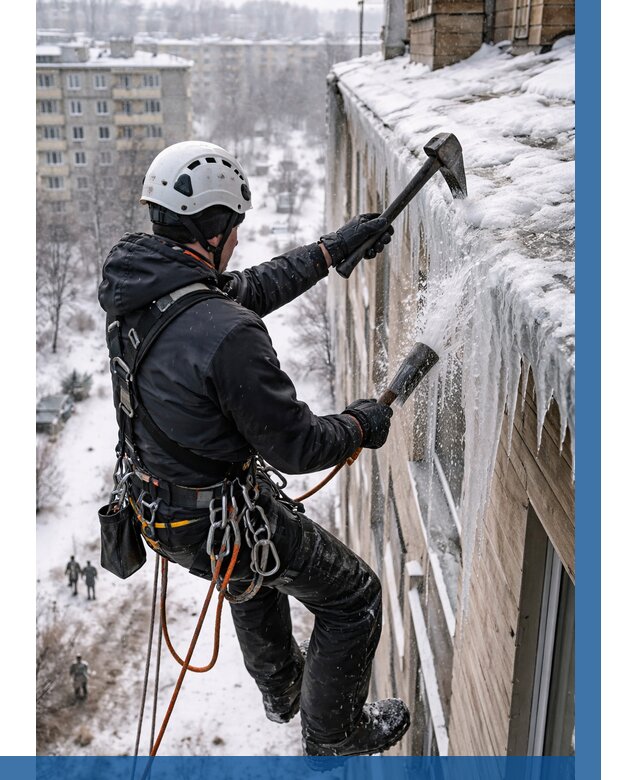 Сбивание сосулек с крыши в Баксане по цене от 4546 р. | ВЫСОТНИК-Бкс