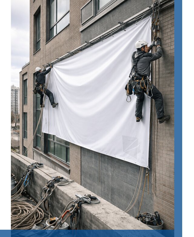 Монтаж баннеров на фасаде в Баксане от 657 р. заказать ВЫСОТНИК-Бкс