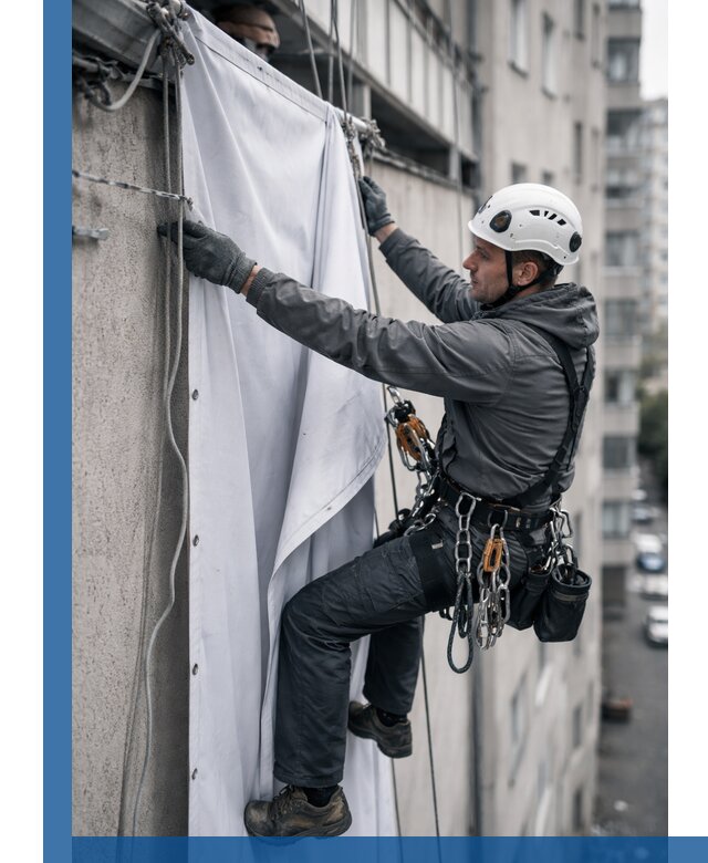 Замена баннерного полотна промышленными альпинистами в Баксане