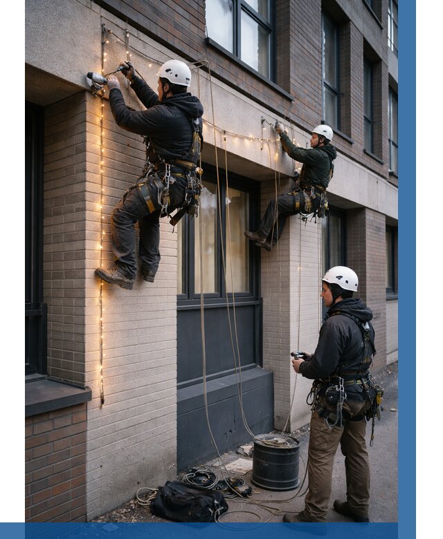 Монтаж гирлянд на фасаде в Баксане от 3536 р. | ВЫСОТНИК-Бкс