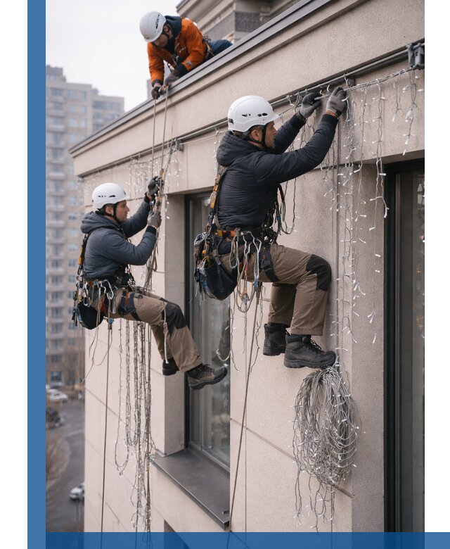 Монтаж праздничных гирлянд на фасаде в Баксане для зданий