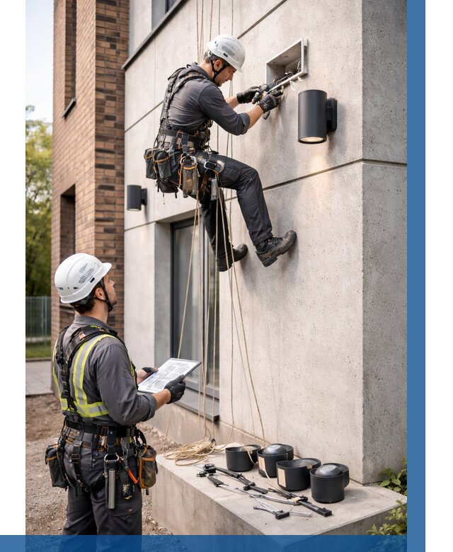 Монтаж фасадного освещения в Баксане от 2526 р. | ВЫСОТНИК-Бкс