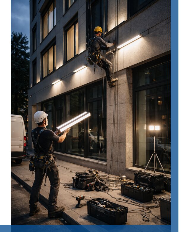 Монтаж архитектурной подсветки здания в Баксане от 2526 р.|ВЫСОТНИК-Бкс