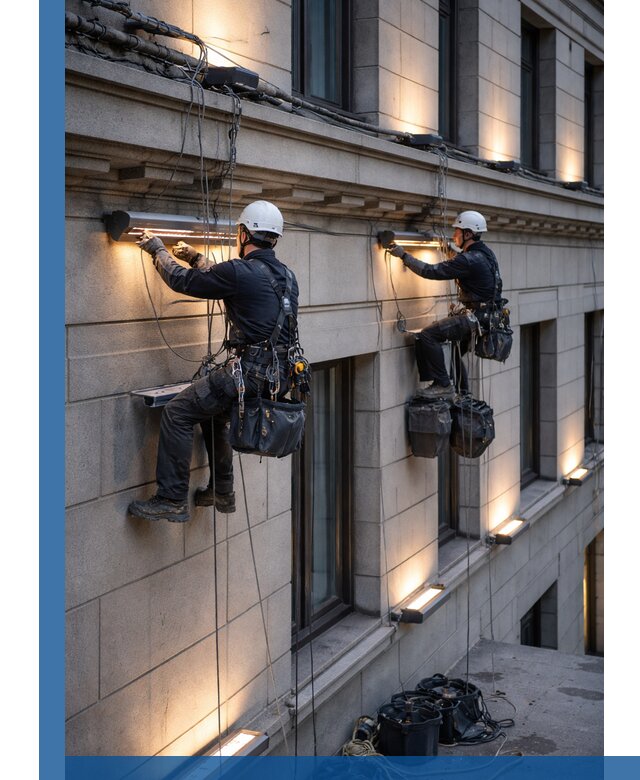 Монтаж архитектурной подсветки фасадов зданий в Баксане