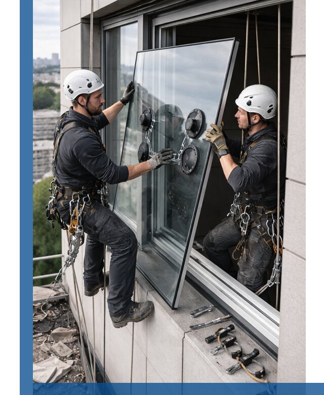 Замена стеклопакетов на высоте с промышленными альпинистами в Баксане