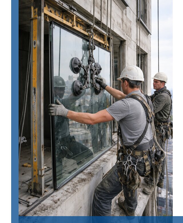 Монтаж стеклопакетов на высоте в Баксане с промышленным альпинизмом