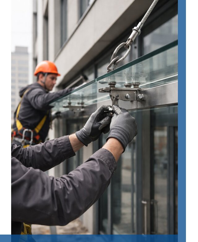 Монтаж стеклянных козырьков в Баксане от 8587 р. | ВЫСОТНИК-Бкс