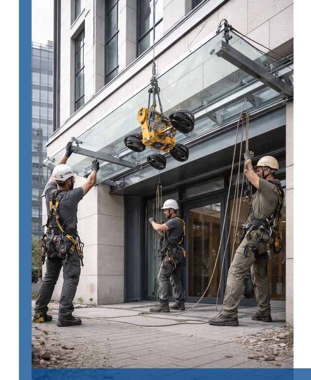 Монтаж стеклянных козырьков под ключ в Баксане для зданий