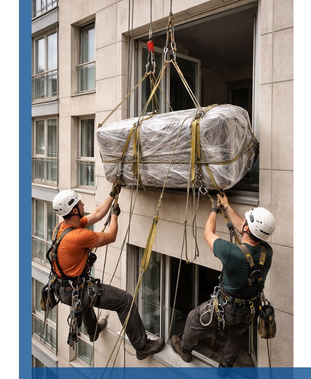 Подъем грузов через окно в Баксане промышленными альпинистами