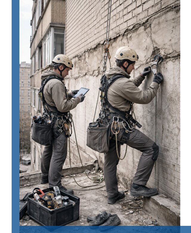 Обследование фасада промышленными альпинистами в Баксане